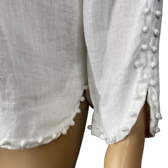 J.Crew White Linen Pom Pom Tassel Long Sleeve Top SZ 0 - Picture 6 of 12